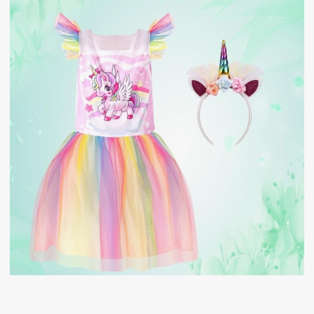 🦄🌈Rainbow Unicorn🌈🦄Kids 2pc Dress Costume with Headband🌟NEW🌟